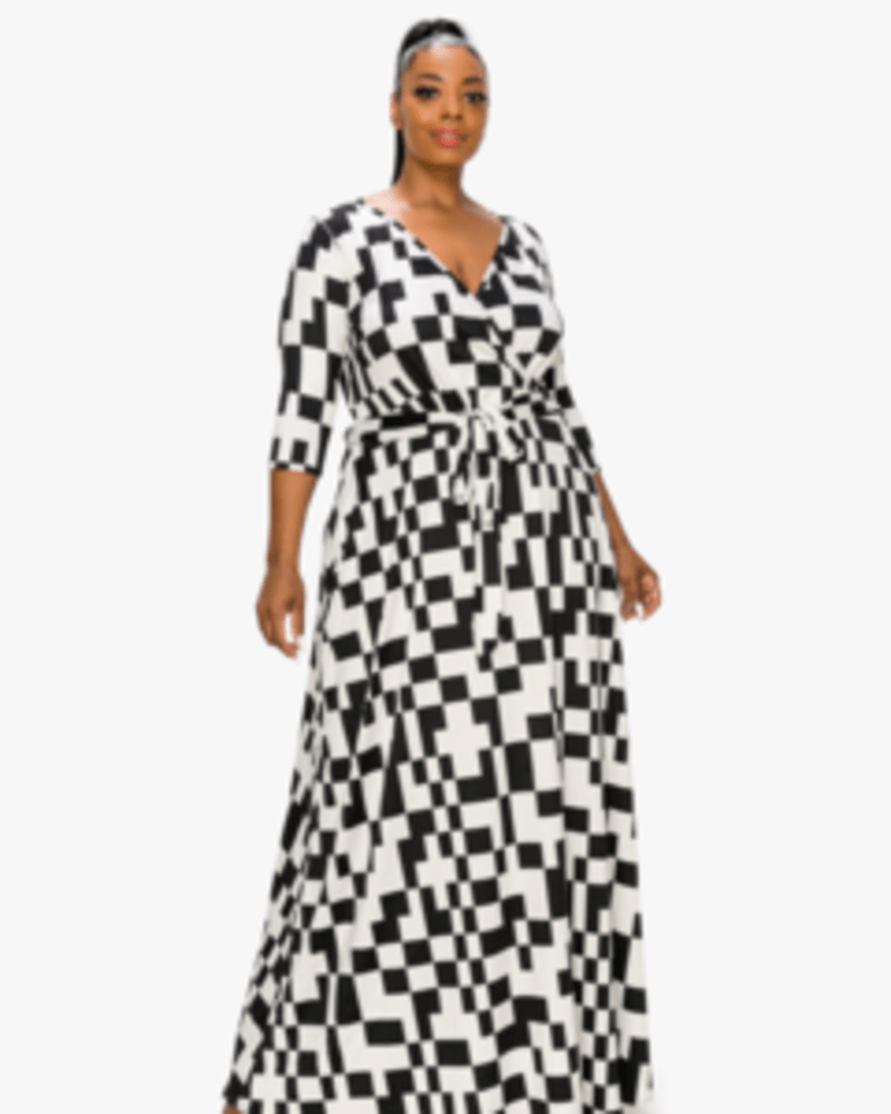 Front of a model wearing a size 1X Giovanna Geometric Print Belted Wrap Dress in Black/White by L I V D. | dia_product_style_image_id:241620
